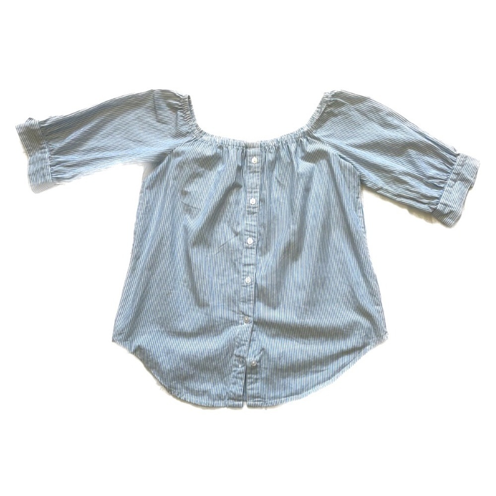 𝅺button up Puff Sleeve Square Neckline Ruched Bust Top | Colour: Blue/White